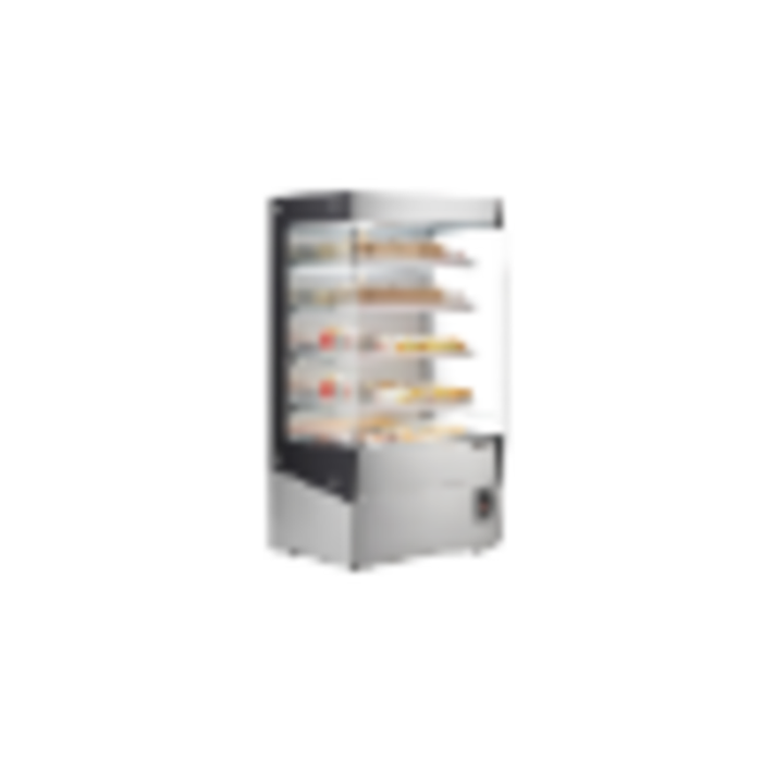 Alt Tag: Omcan 48386 26.8 cu. ft. Open Front Heated Display Case floor model warmer with glass sides and open-front shelving