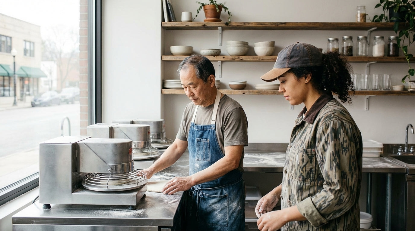Baker shaping dough at a commercial mixer while coworker watches in a modern bakery kitchen