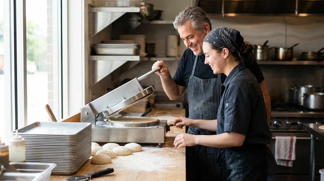 Two chefs in a commercial kitchen preparing fresh pizza dough and using a dough sheeter on a floured countertop
