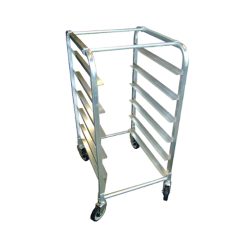 Alt Tag: OMCAN 13497 Aluminum Curve Top Knock Down Pan Rack 6-Pan aluminum pan rack trolley with casters for commercial kitchen storage