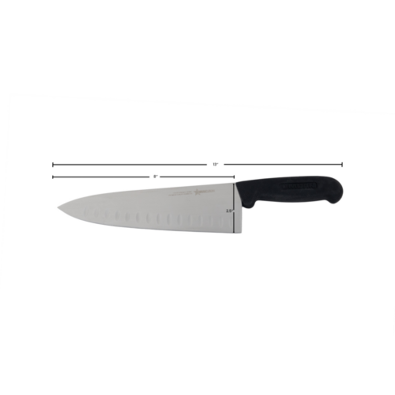 OMCAN 16833 Greban 8-inch Granton Edge Blade Chef's Knife side view with 8-inch stainless steel blade and black handle