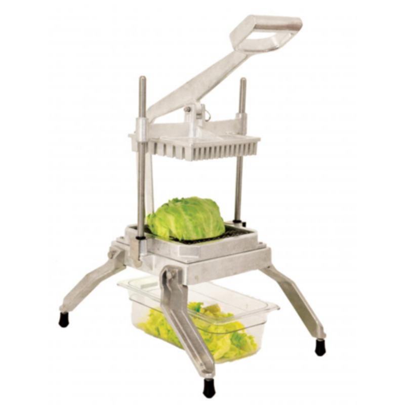 Alt Tag: OMCAN 49109 Countertop Fruit and Vegetable Chopper 1/2-inch Cut manual chopper slicing lettuce over food container