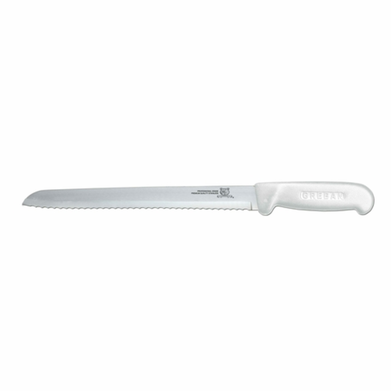 Alt Tag: Omcan 12634 8-Inch R-Wave Narrow Blade Slicer Knife White with ergonomic white handle and serrated R-wave edge