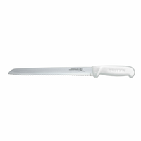 Alt Tag: Omcan 12634 8-Inch R-Wave Narrow Blade Slicer Knife White with ergonomic white handle and serrated R-wave edge