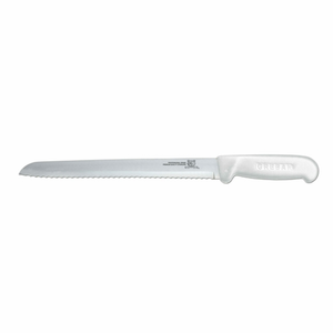 Alt Tag: Omcan 12634 8-Inch R-Wave Narrow Blade Slicer Knife White with ergonomic white handle and serrated R-wave edge