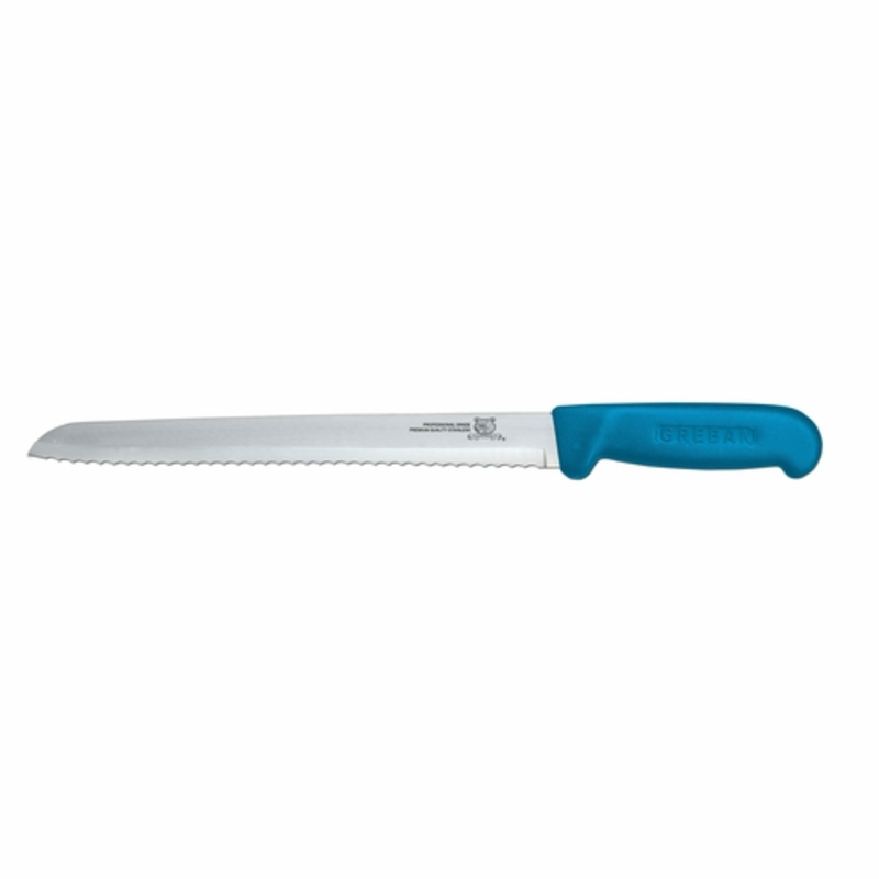 Alt Tag: OMCAN 12613 8-Inch Narrow Blade R-Wave Slicer Knife Blue Handle, serrated narrow blade meat slicer knife