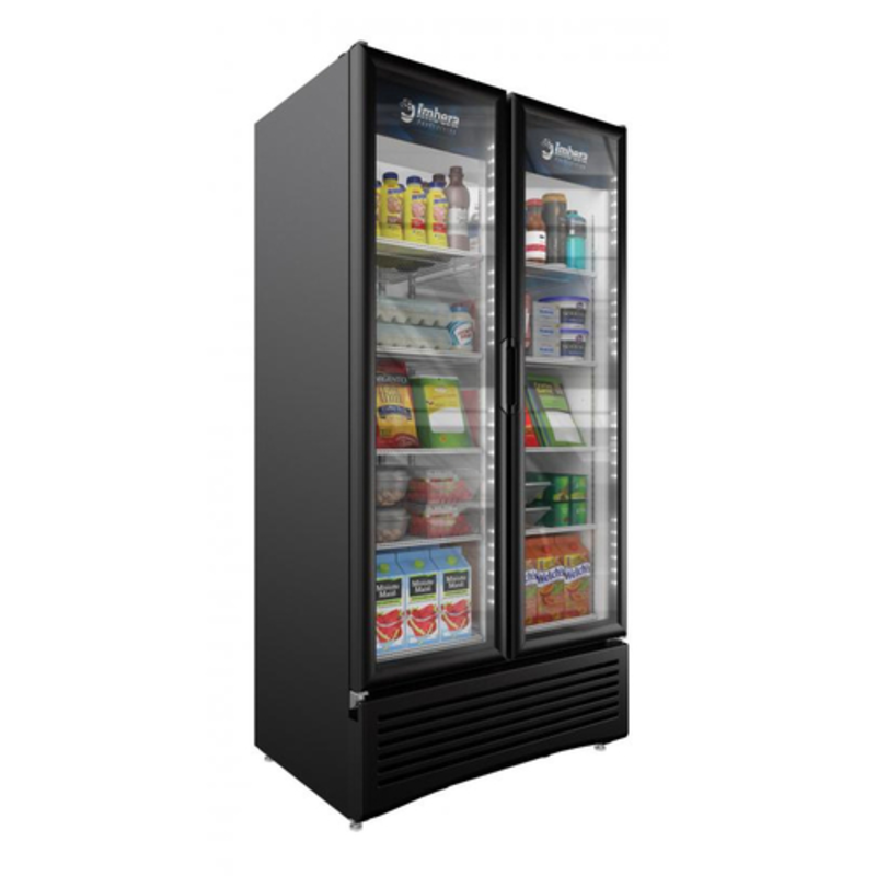 Omcan 41219 Elite Series 39.5-Inch Two-Door Merchandiser Refrigerator Displaying Chilled Beverages And Grab-And-Go Items