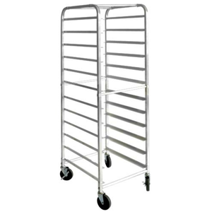 Alt Tag: OMCAN Aluminum Curve Top Knock-Down Pan Rack 12 Pan Capacity, aluminum rolling bakery sheet pan rack with casters