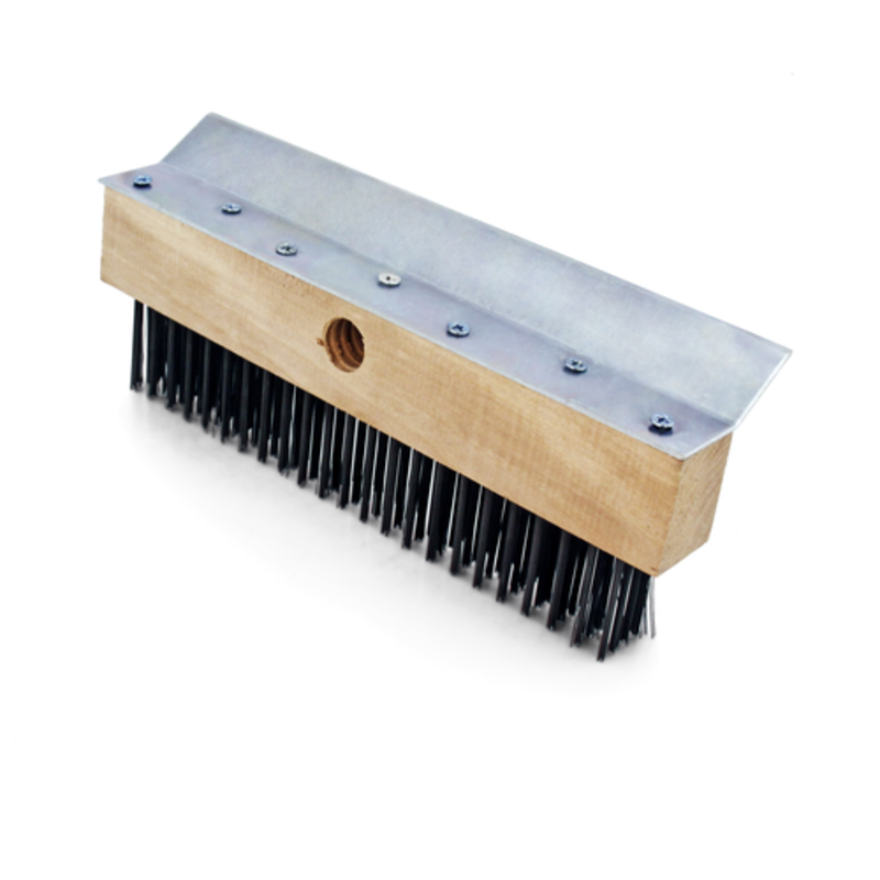 Alt Tag: Omcan 80944 Oven Pizza Brush with Scraper 10-Inch Head with brass bristles and stainless steel scraper for commercial oven cleaning