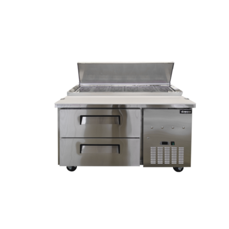 Refrigerated Pizza Prep Table With Stainless Steel Surface And Storage Drawers For Commercial Kitchen Use