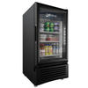 Omcan 45801 19" Wide Countertop Glass Door Merchandiser Refrigerator With Clear Glass Door Displaying Beverages And Food Items.