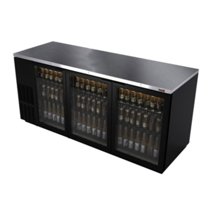 Alt Tag: Fagor FBB-Series 80 Inch Three Glass Door Back Bar Refrigerator with three glass doors and bottle storage for bar service
