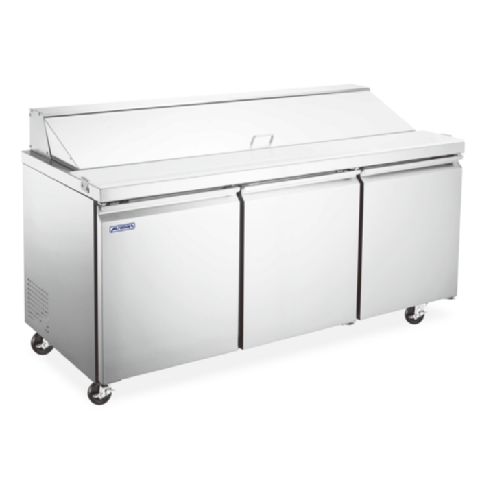 Alt Tag: Omcan 59048 Aurora Series 70" Three Door Sandwich Prep Table, stainless steel refrigerated prep table with three doors and cutting surface