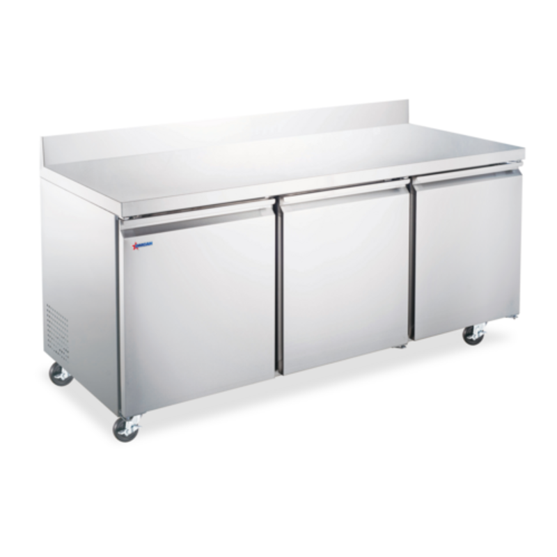 Omcan 50100 Three-Door Worktop Refrigerator With Stainless Steel Finish And Prep Surface