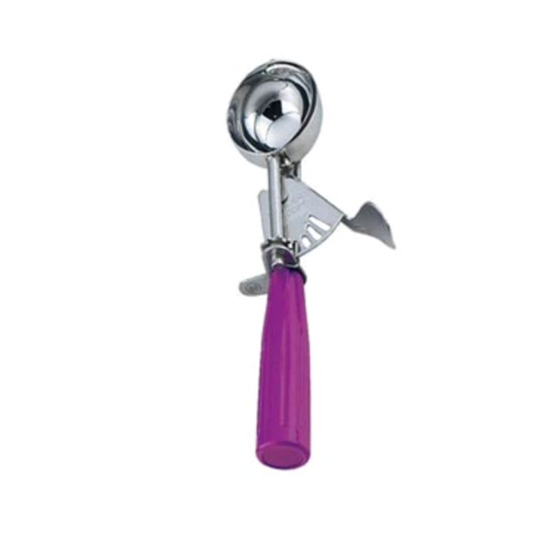 Omcan 34848 Stainless Steel Round Disher for Precise 2.67 oz Portioning with purple handle round scoop