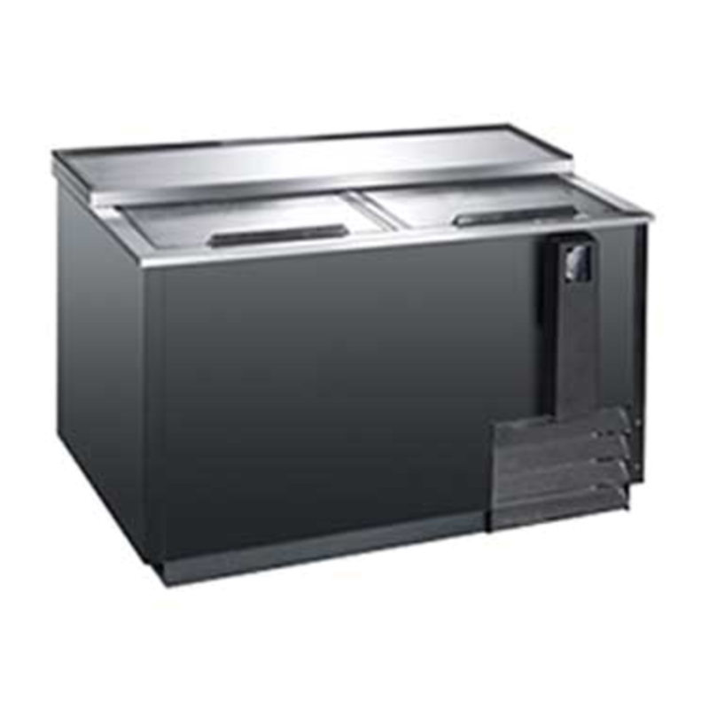Omcan 50039 49.5-Inch Wide Reach-In Commercial Bottle Cooler Refrigerator with heavy-duty exterior and dual doors.