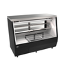 Alt Tag: OMCAN 50106 71" Refrigerated Double Duty Black Glass Deli Case with black frame, glass display shelves, and refrigerated storage base