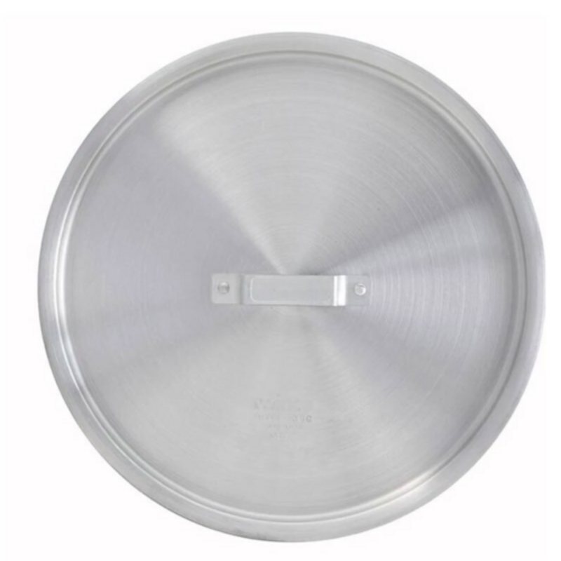 Alt Tag: Omcan 43378 Aluminum Lid for 8 qt Stock Pot, round durable metal pot lid with flat handle, top view
