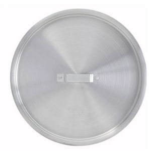 Alt Tag: Omcan 43378 Aluminum Lid for 8 qt Stock Pot, round durable metal pot lid with flat handle, top view