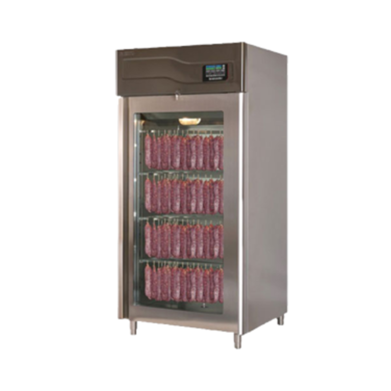 OMCAN 40298 Meat Curing Cabinet Displaying Cured Meats, Ideal For Professionals And Artisans.