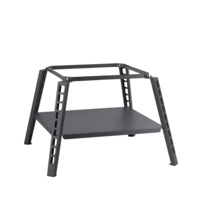 Alt Tag: Omcan 48709 1-Pizza Capacity Versatile Outdoor Multi-Fuel Oven stand with adjustable metal frame and shelf for outdoor cooking setup