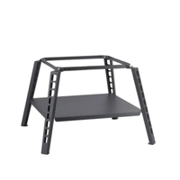 Alt Tag: Omcan 48709 1-Pizza Capacity Versatile Outdoor Multi-Fuel Oven stand with adjustable metal frame and shelf for outdoor cooking setup