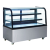 Curved Glass Refrigerated Display Case With Shelves And Internal Lighting For Food Presentation
