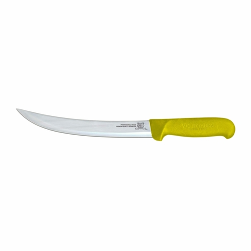 Alt Tag: Omcan 23893 Super Fiber Handle 8-Inch Breaking Butcher Knife with curved 8-inch blade and yellow super fiber handle