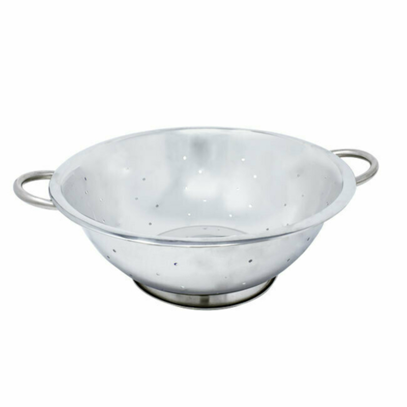 Omcan 80738 16 Qt. Stainless Steel Heavy-Duty Perforated Colander with Handles and Base, commercial kitchen draining bowl