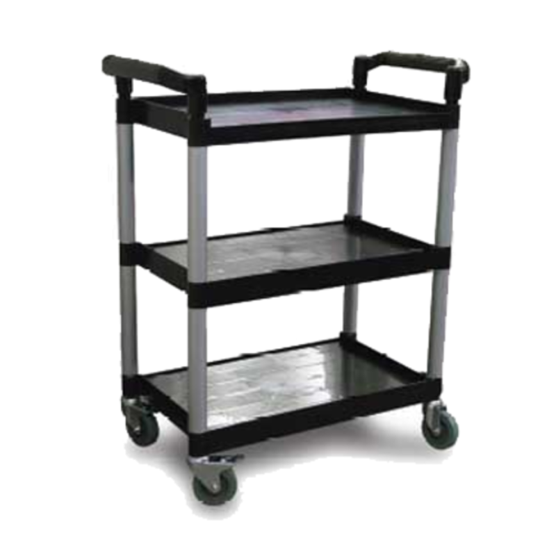 Alt Tag: Omcan 24183 Plastic Bussing Cart with 165.34 lbs Capacity black 3-shelf utility service cart with wheels