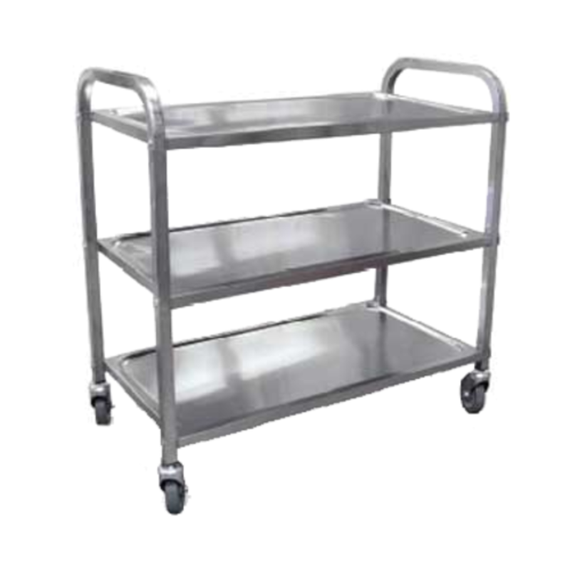 Alt Tag: OMCAN 24419 Stainless Steel Utility Bussing Cart 99.2 lbs Capacity three-shelf rolling cart with casters for restaurant food service