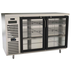60 Inch Back Bar Refrigerator With Double Glass Doors And Shelves For Beverage Storage
