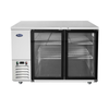 Atosa MBB59GGR 57-4/5"W Two-Section Glass Door Back Bar Cooler with shelves for beverage storage.