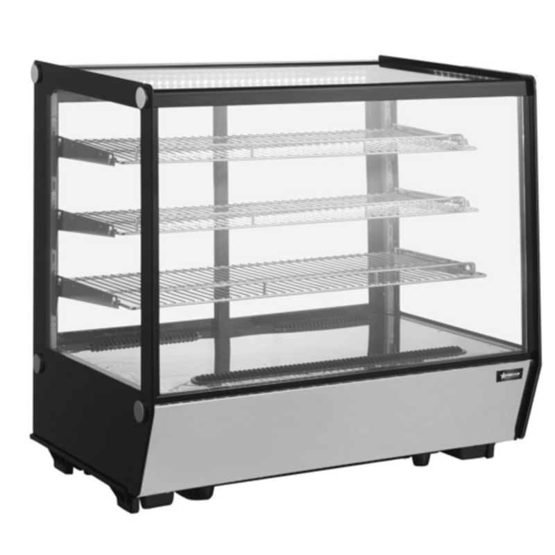 Alt Tag: Omcan 47963 35-inch Countertop Refrigerated Square Glass Display Case with 3-tier shelves, 360-degree square glass refrigerated display