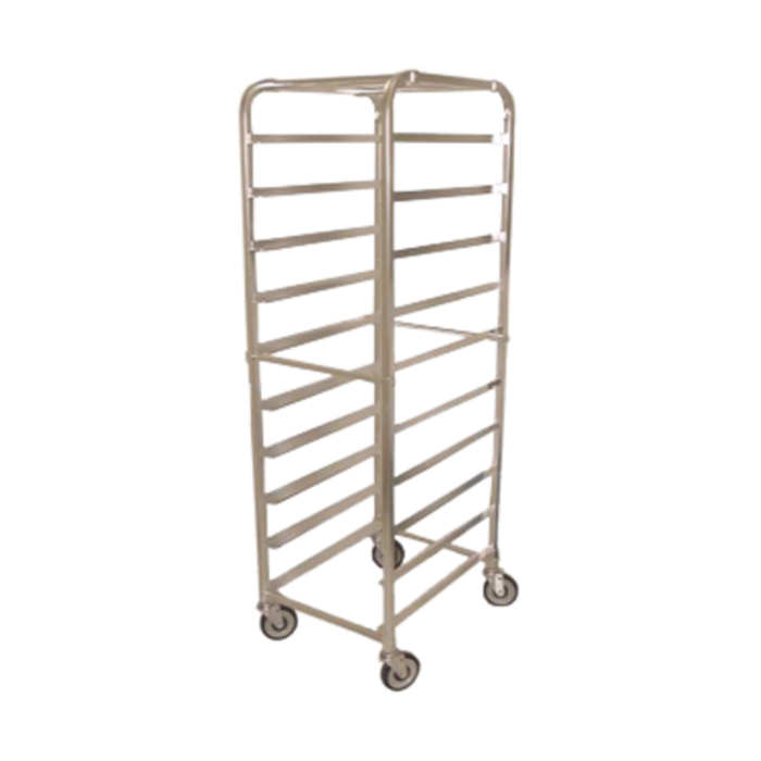 Alt Tag: OMCAN 13500 10 Pan Capacity Aluminum Curve Top Pan Rack on casters, commercial sheet pan storage and transport rack