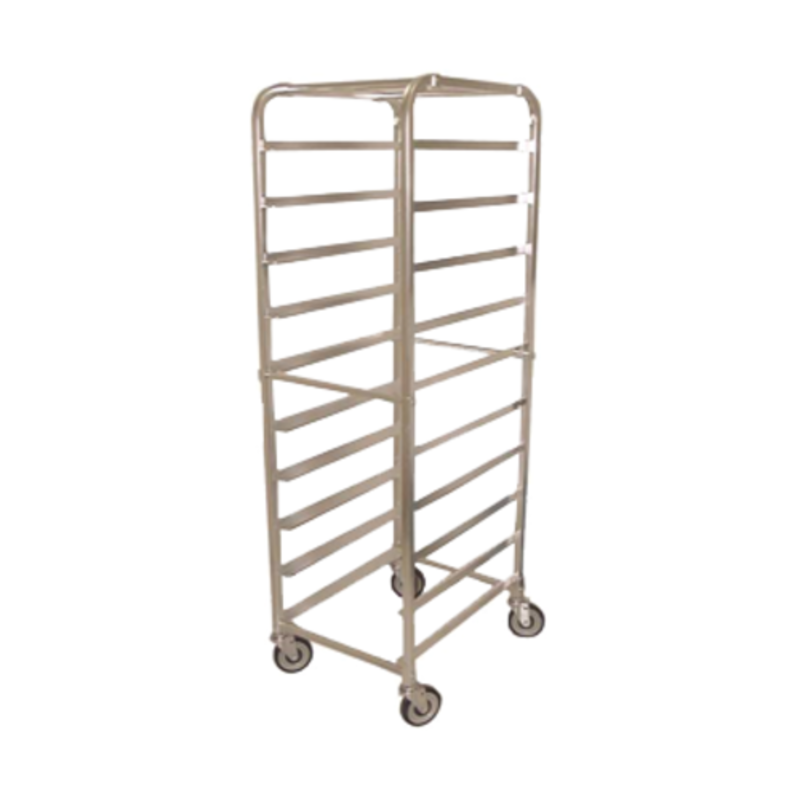Alt Tag: OMCAN 13500 10 Pan Capacity Aluminum Curve Top Pan Rack on casters, commercial sheet pan storage and transport rack