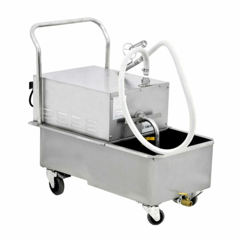 Alt Tag: Omcan 44481 Mobile Fryer Oil Filter Machine 23 L Capacity stainless steel mobile oil filtration cart with hose and wheels