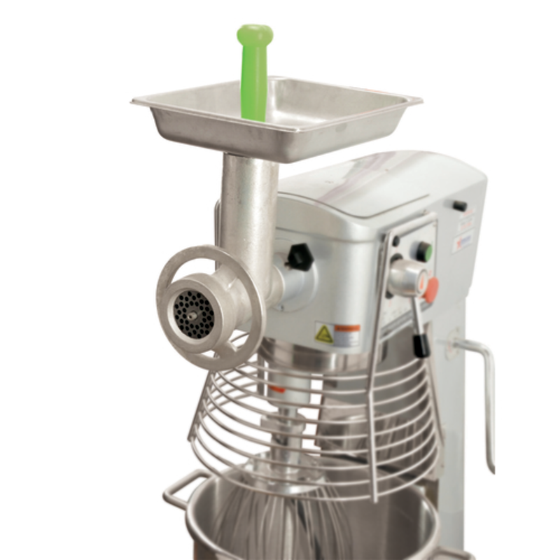 Cast Iron Meat Grinder Attachment Installed On A Commercial Mixer For Efficient Grinding