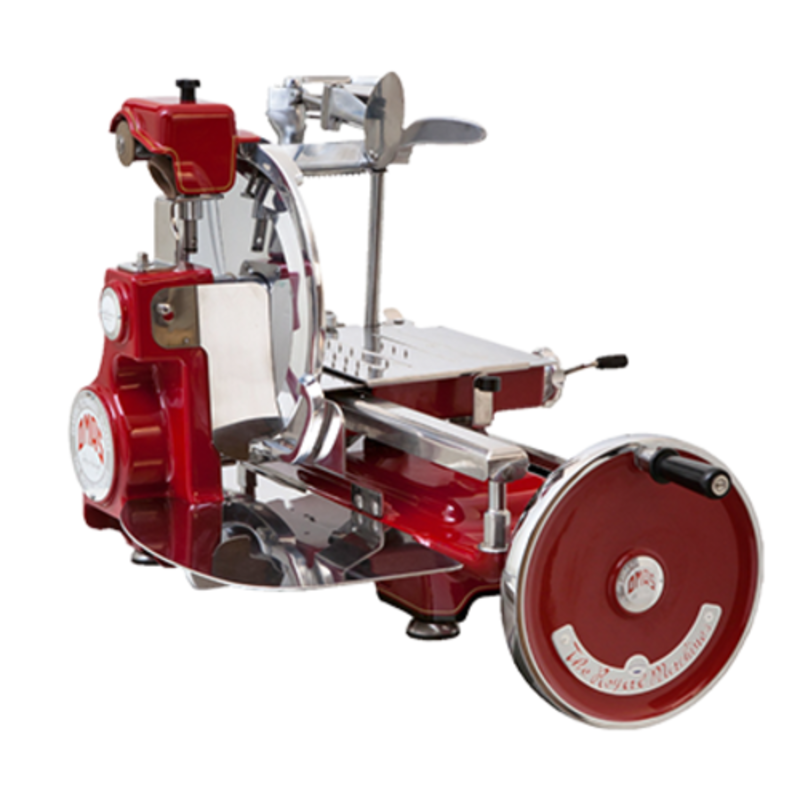 OMAS 44007 12.5" Blade Historic Volano Manual Meat Slicer with red flywheel design and stainless steel cutting assembly