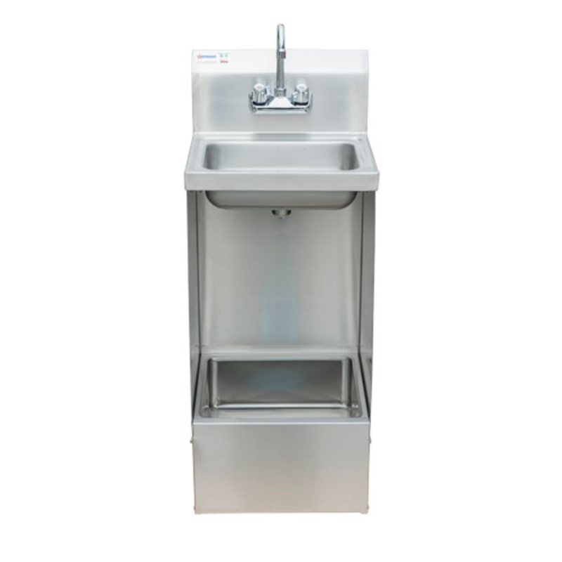 Alt Tag: OMCAN 47246 15.31-inch Wide Stainless Steel Hand & Mop Sink combo unit with faucet and integrated floor mop basin