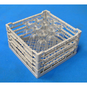 Commercial Glass Dishwasher Rack Holding Clean Glassware In A Durable Plastic Design Suitable For Commercial Use.