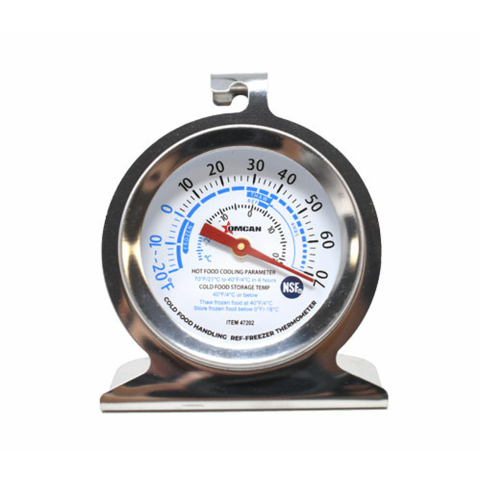 Alt Tag: Omcan 47202 Refrigerator Freezer Thermometer with 2-Inch Dial stainless steel analog dial with stand for accurate cold storage temperature