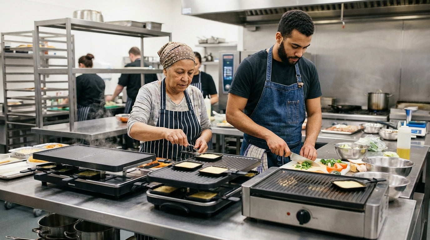 Restaurant kitchen staff preparing food on griddles and cutting vegetables in a commercial kitchen
