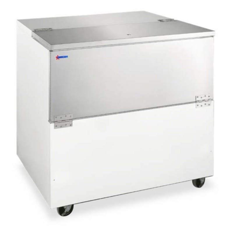 Omcan 50101 34-Inch Mobile Steel Milk Cooler Station With Metal Lid And Rolling Wheels.