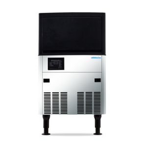 Alt Tag: Resolute ICB8033 80 lb Air Cooled Cube-Style Ice Maker front view stainless steel cube-style ice machine with black bin lid