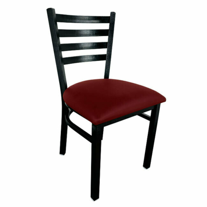 Alt Tag: Omcan 47594+69746 Durable Indoor Side Chair with PVC Seat, black ladder-back chair with red PVC seat for restaurants