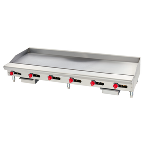 72 Inch Gas Countertop Griddle With Stainless Steel Surface And Red Control Knobs For High-Volume Cooking