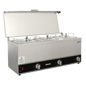 OMCAN 44183 7.9 Qt. Triple Sauce Pot Food Topping Warmer stainless steel countertop triple pot warmer with hinged lid and controls