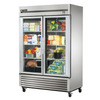 Commercial Glass Door Refrigerator Displaying Fresh Produce, Dairy Products, And Assorted Groceries For Business Use.