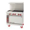 American Range 36 Inch Gas Restaurant Range With Griddle Featuring Four Burners And A Griddle Plate, Ideal For Commercial Kitchens.
